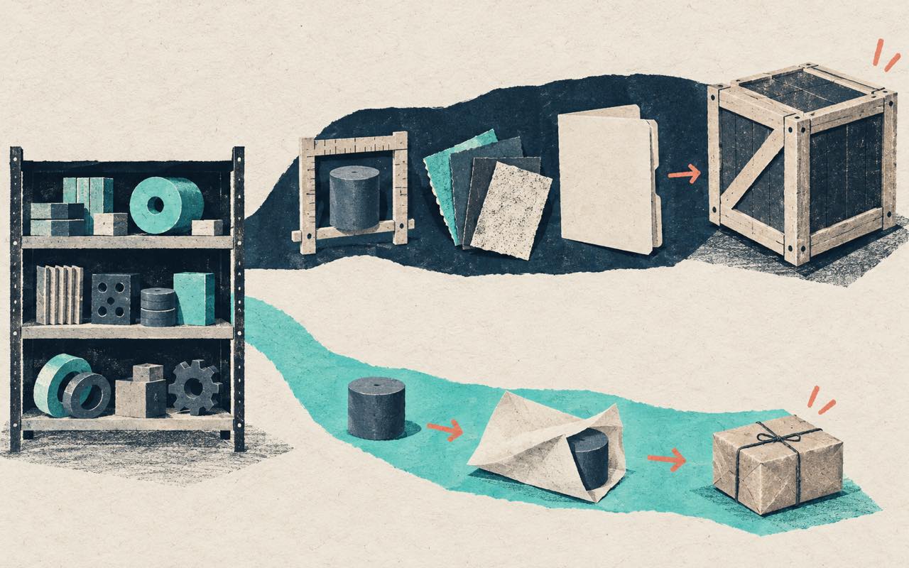 Ilustração editorial de um armazém que alimenta duas rotas comerciais diferentes