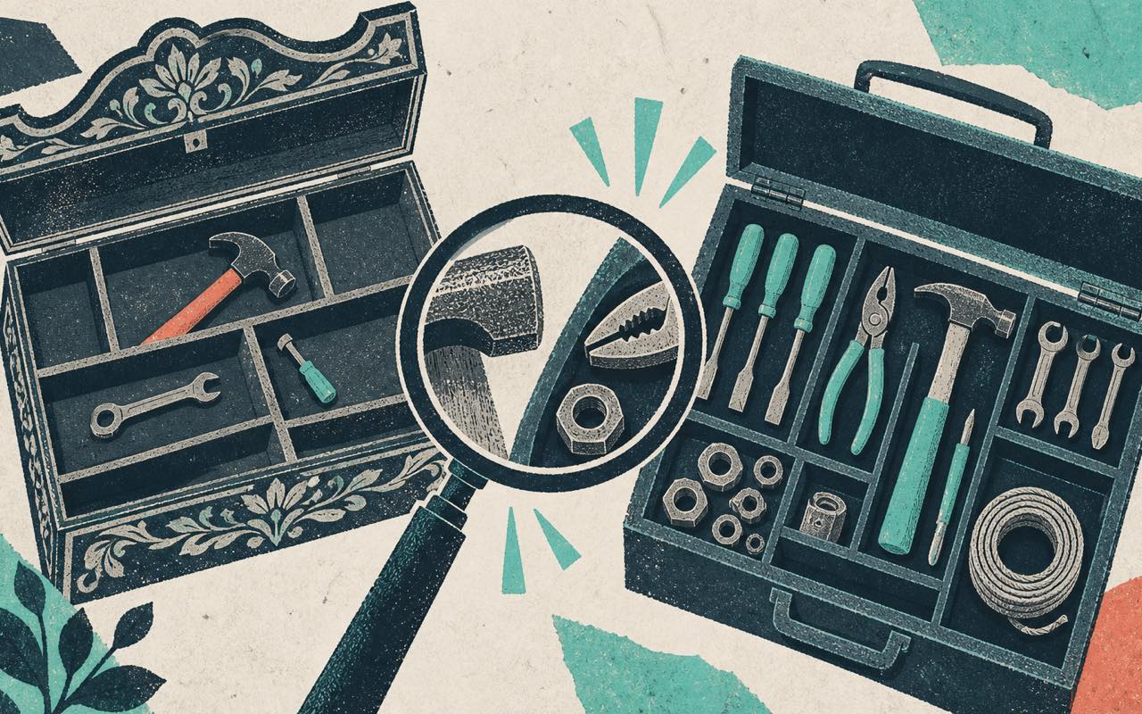 Ilustração editorial de duas caixas de ferramentas contrastantes observadas por uma lupa