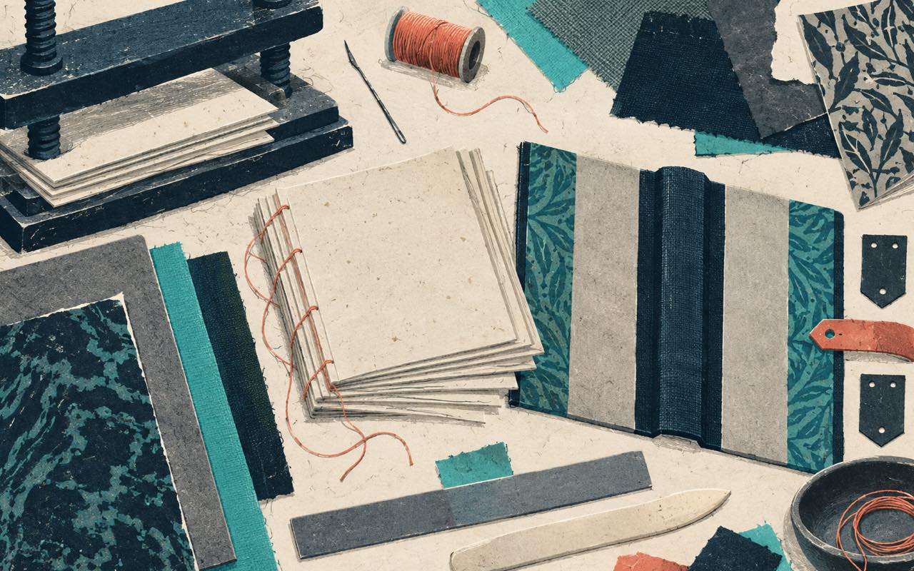 Ilustração editorial de um livro artesanal em construção sobre uma bancada de trabalho