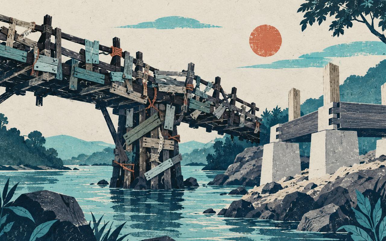 Ilustração editorial de uma ponte antiga remendada ao lado de uma nova fundação organizada
