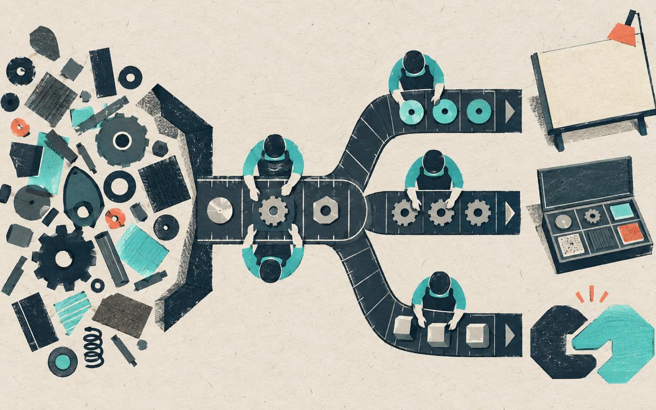 Ilustração editorial de uma linha de produção que organiza peças irregulares em famílias técnicas