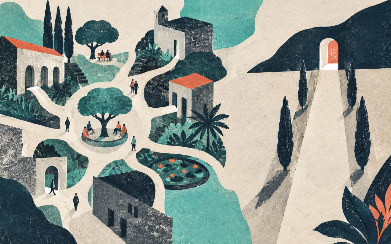 Ilustração editorial de uma cidade com caminhos ramificados ao lado de uma rota direta até uma porta